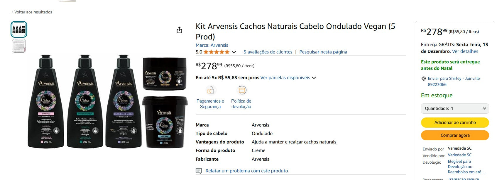 Personal Shopper | 从巴西购买 -Kit Arvensis Cachos Naturais Cabelo Ondulado Vegan (5 Prod)  (DDP)