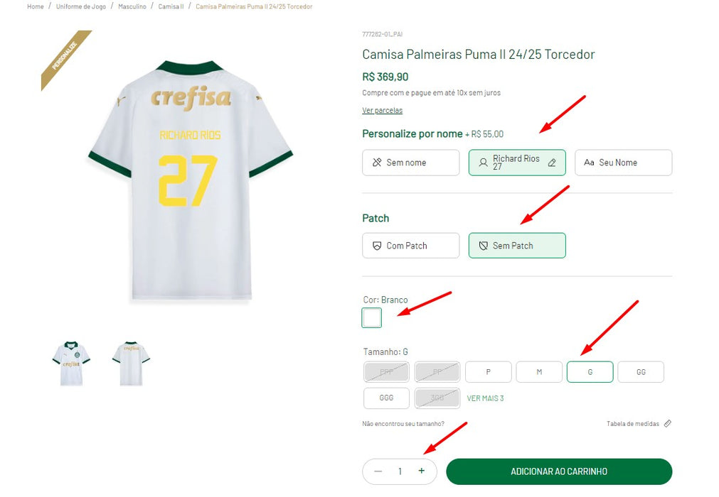 Personal Shopper | Buy from Brazil -	 Camisa Palmeiras Puma II 24/25 Torcedor -G_BRANCO - 1 item -  DDP