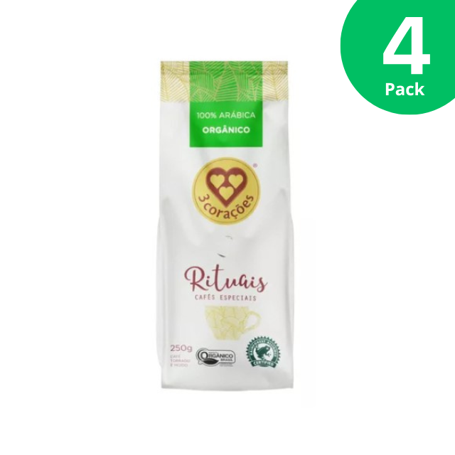 4 Packs 3 Corações Rituais Organic Ground Coffee - 4 x 250g (8.8 oz)