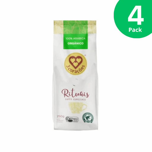 4-Pack 3 Corações Rituais Organic Ground Coffee - 4 x 250g (8.8 oz) - Brazilian Arabica Coffee