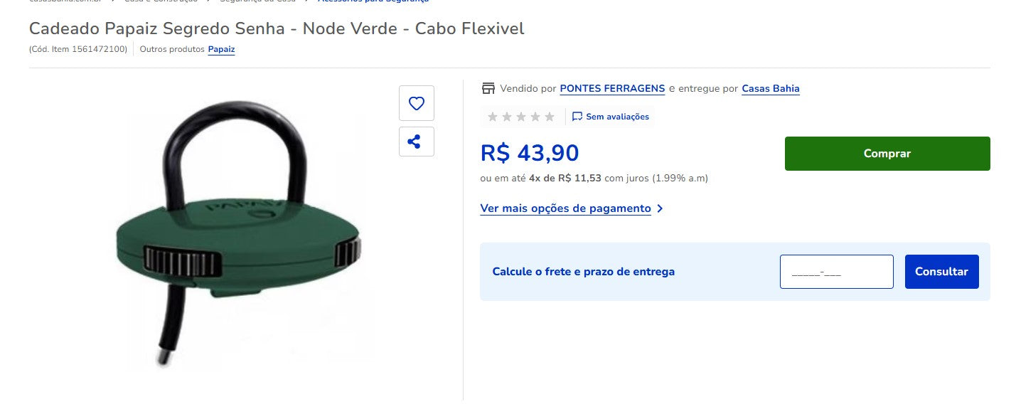 Personal Shopper | Aus Brasilien kaufen - Cadeado Papaiz Segredo Senha - Node Verde - Cabo Flexivel - 1 Artikel (DDP)