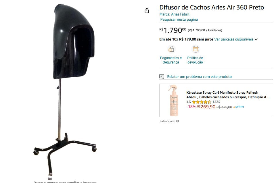 Personal Shopper | Kup z Brazylii -Difusor de Cachos Aries Air 360 Preto - 1 przedmiot (DDP)