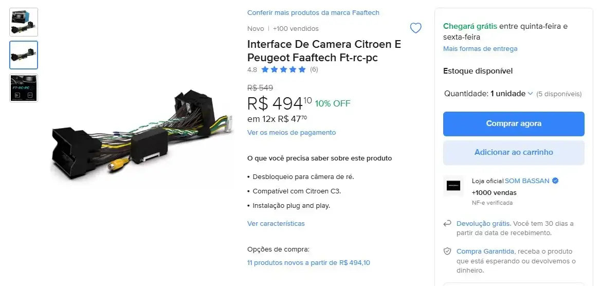 Personal Shopper | Acheter du Brésil -Interface De Caméra Citroën Et Peugeot Faaftech Ft-rc-pc (DDP)