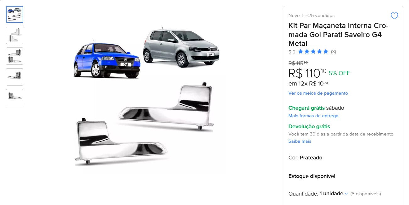 Personal Shopper | Kup w Brazylii - Kit Par Maçaneta Interna Cromada Gol Parati Saveiro G4 Metal - 1 zestaw - DDP