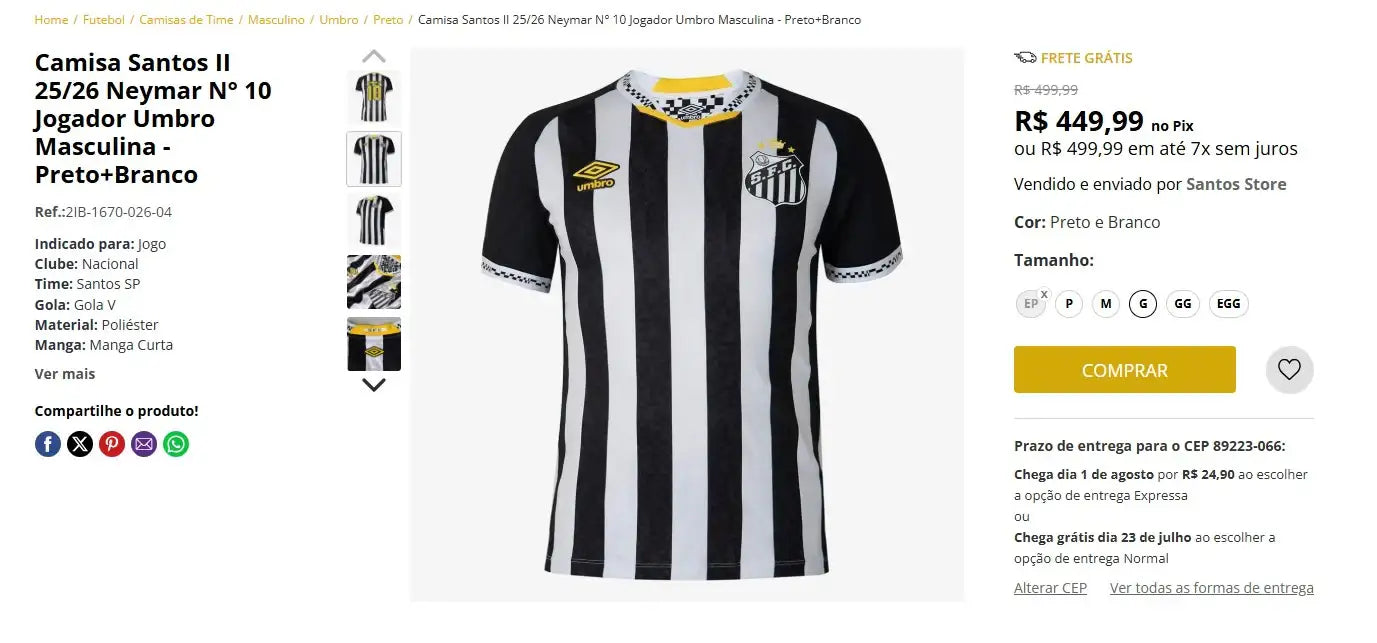 Personal Shopper | Kaufen aus Brasilien - Camisa Santos II 25/26 Neymar N° 10 Spieler Umbro Herren - Schwarz+Weiß - 1 Einheit (DDP)