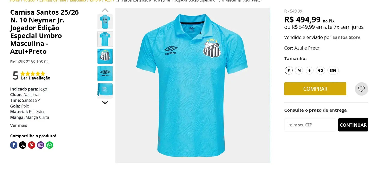 Personal Shopper | Buy from Brazil -Camisa Santos 25/26 N. 10 Neymar Jr. Jogador Edição Especial Umbro Masculina - Azul+Preto - 1 unit (DDP)