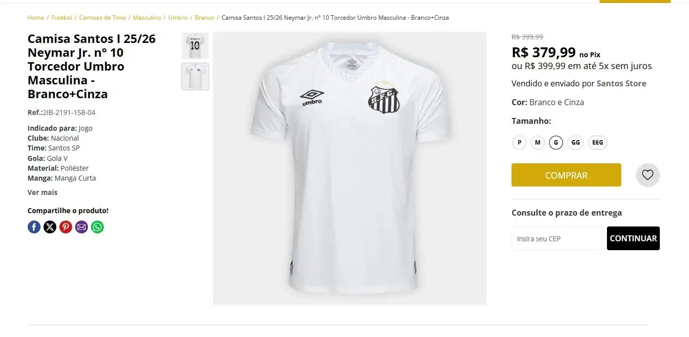 Personal shopper | Buy from Brazil  -Camisa Santos I 25/26 Neymar N° 10 TORCEDOR Umbro Masculina - Branco+Cinza  - 2 items (DDP)