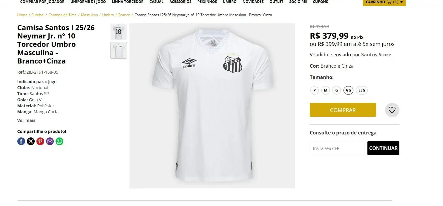 Personal shopper | Buy from Brazil  -Camisa Santos I 25/26 Neymar N° 10 TORCEDOR Umbro Masculina - Branco+Cinza  - 2 items (DDP)