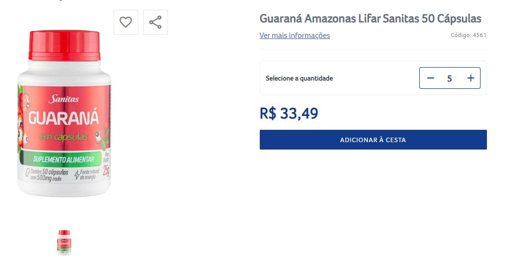 Personal Shopper | Buy from Brazil - Guaraná Amazonas Lifar Sanitas 50 Cápsulas - 5 ITEMS - DDP