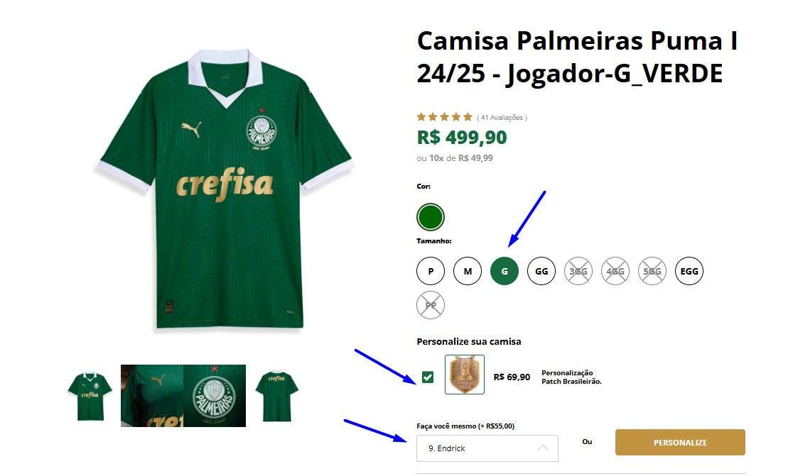个人客户 | 从巴西购买 - Camisa Palmeiras Puma I 24/25 - Player-G_VERDE - 1 件 (DDP)