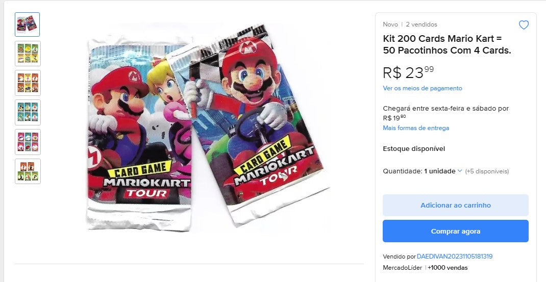 Personal Shopper | Compra desde Brasil -Kit 200 Tarjetas Mario Kart = 50 Pacotinhos Com 4 Tarjetas - 800 tarjetas (DDP)