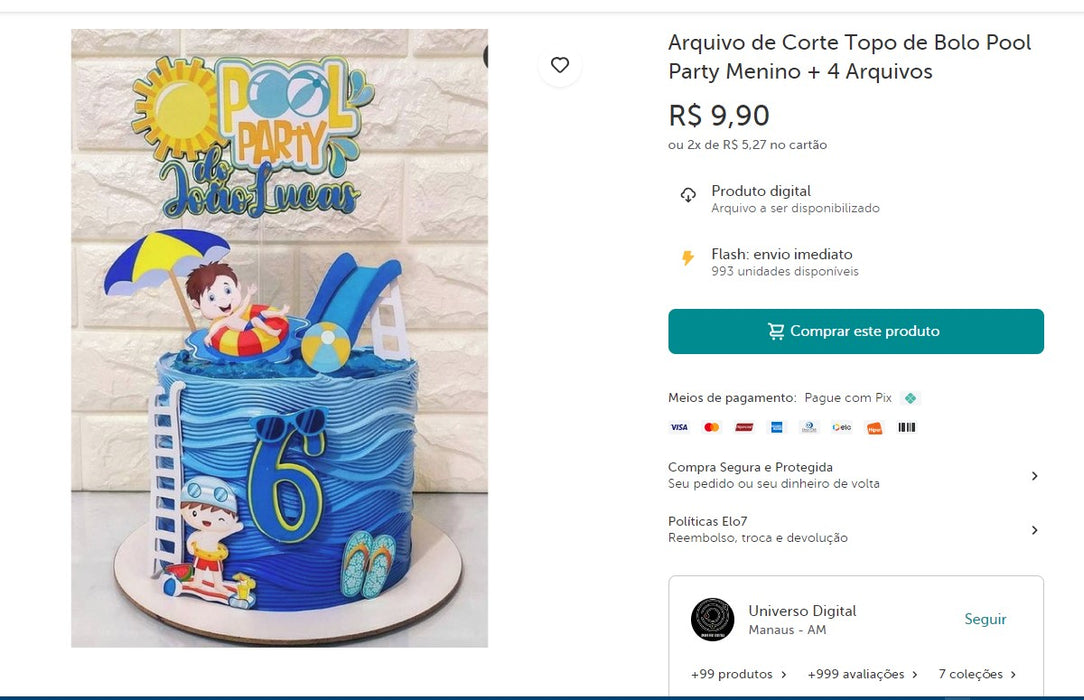 المتسوق الشخصي | اشتري من البرازيل - مبرد قطع أعلى الكيك لحفلات Boy Pool + 4 ملفات - رقمي