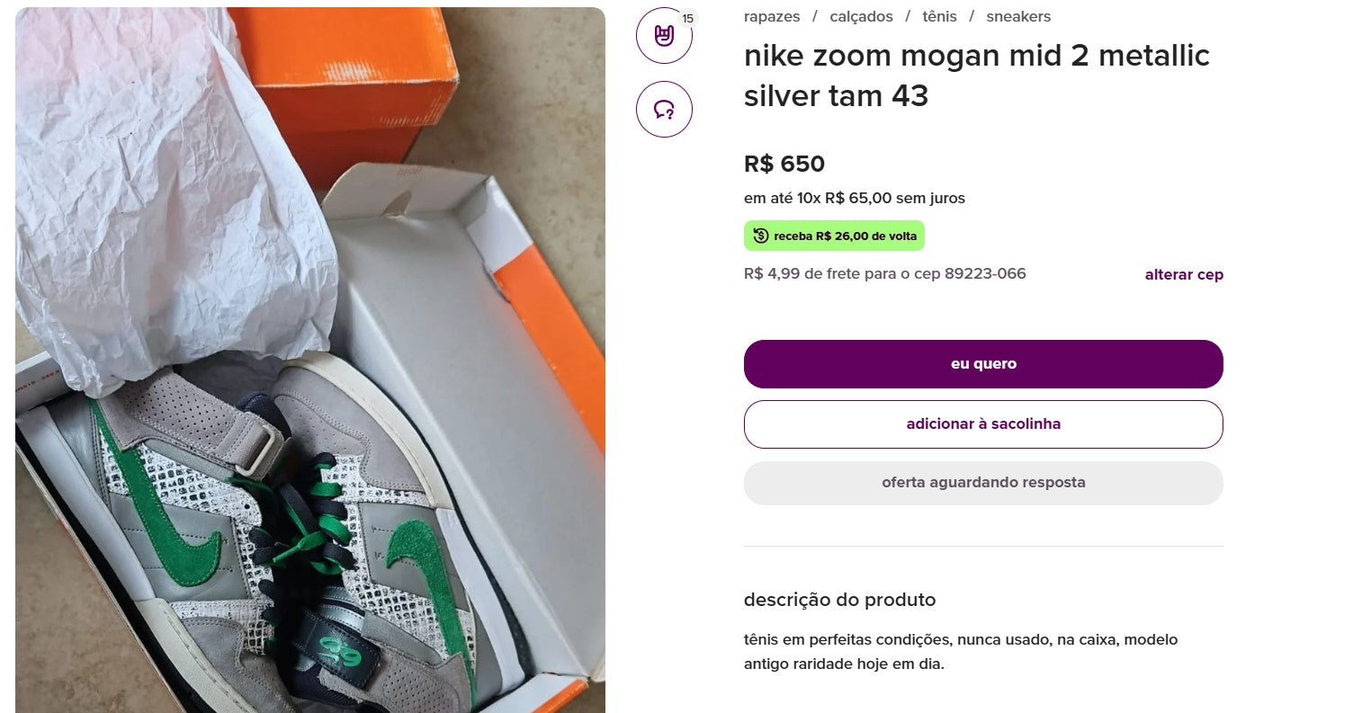 Personal Shopper | Buy from Brazil -Nike zoom mogan mid 2 metallic silver tam 43 (DDP)