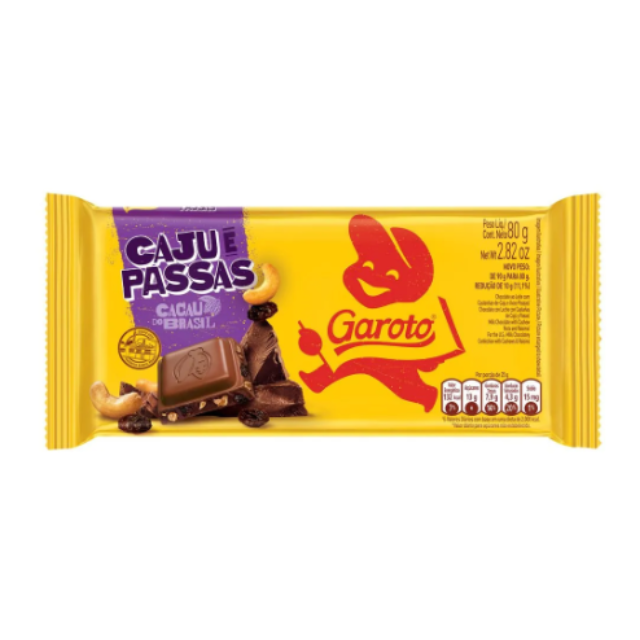 Tableta mléčné čokolády s kešu oříšky a rozinkami 80 g (2,82 oz) GAROTO balení po 4 kusech