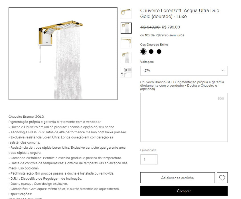 Personal Shopper | Acquista dal Brasile - Chuveiro Lorenzetti Acqua Ultra Duo Gold (dorato) - Lusso - 1 articolo - DDP