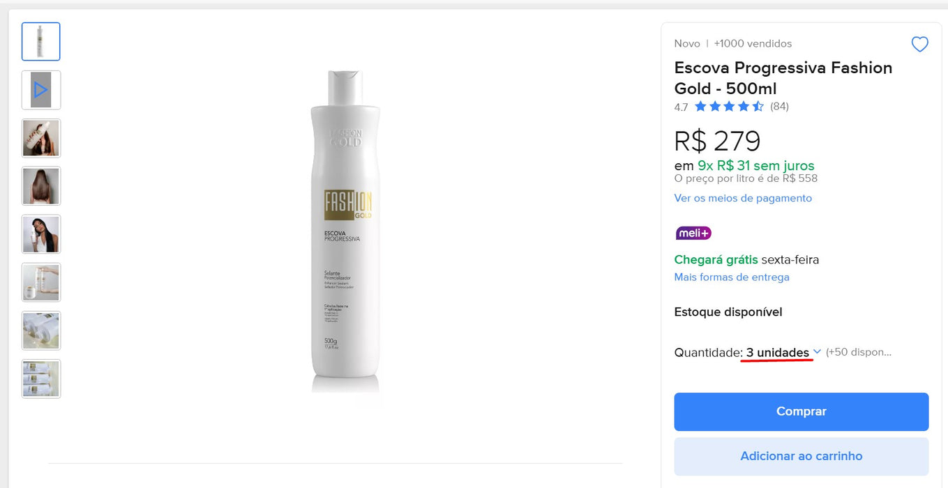 Personal Shopper | Compre do Brasil -Escova Progressiva Fashion Gold - 500ml - 3 unid. (DDP)