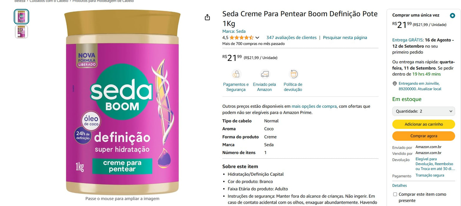 Personal Shopper | Acheter au Brésil -Seda Creme Para Pentear Boom Definição Pote 1Kg - 2 unités (DDP)