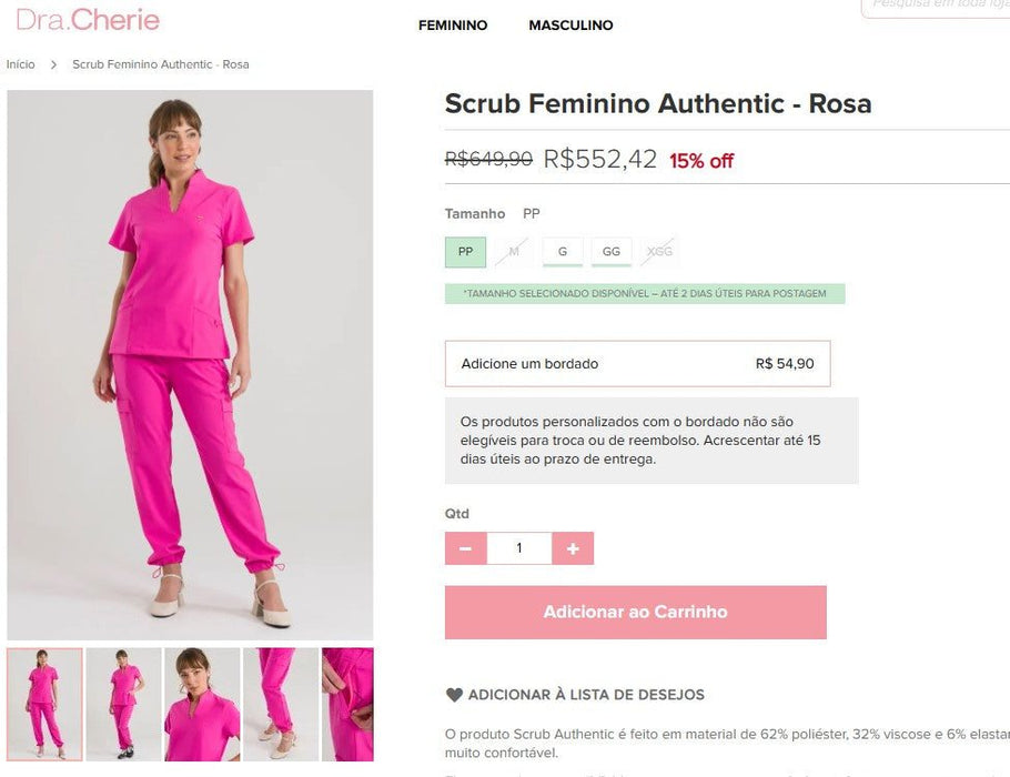 Osobní nakupující | Koupit z Brazílie -Scrub Feminino Authentic - Rosa- 1 položka (DDP)