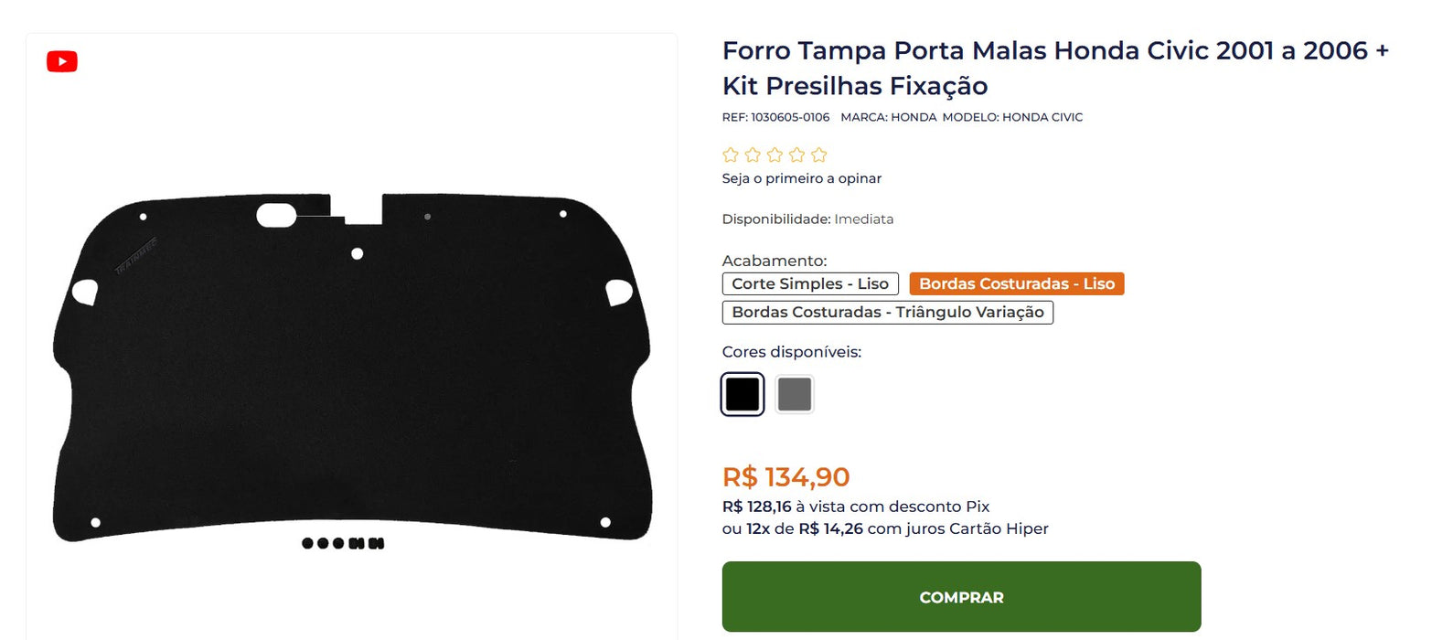 Personal Shopper | Kup z Brazylii -Forro Manta Capô Honda Civic - 2 przedmioty (DDP)