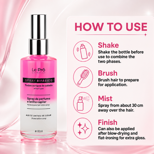 Le Prö Bifásico Pink Spray de Cabelo Brilho & Perfume – 2.03 fl oz (60 ml)