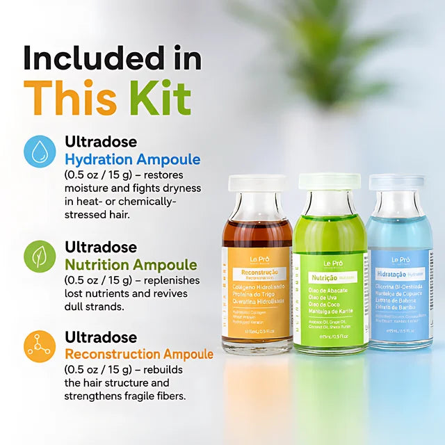 Ampollas de Tratamiento Ultradose Le Prö – Kit de Cuidado Capilar Brasileño – Set de 3 Piezas