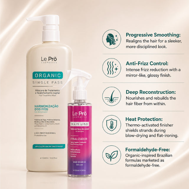 Le Prö Masque de Traitement Bio 1L + Finition Lissante Mais Liso – Kit de soins capillaires brésilien – Ensemble de 2 pièces