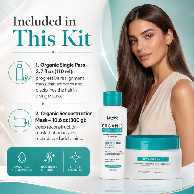 Le Prö Organic Single Pass 110ml + Masque de reconstruction biologique 300g – Kit de soins capillaires brésilien – Ensemble de 2 pièces