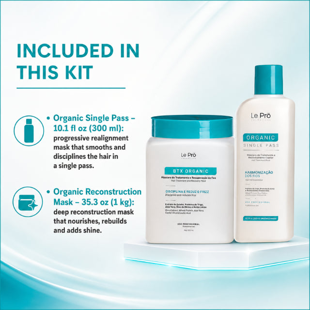 Le Prö Organic Single Pass 300ml + Mascarilla de Reconstrucción Orgánica 1kg – Kit de Cuidado Capilar Brasileño – Set de 2 Piezas
