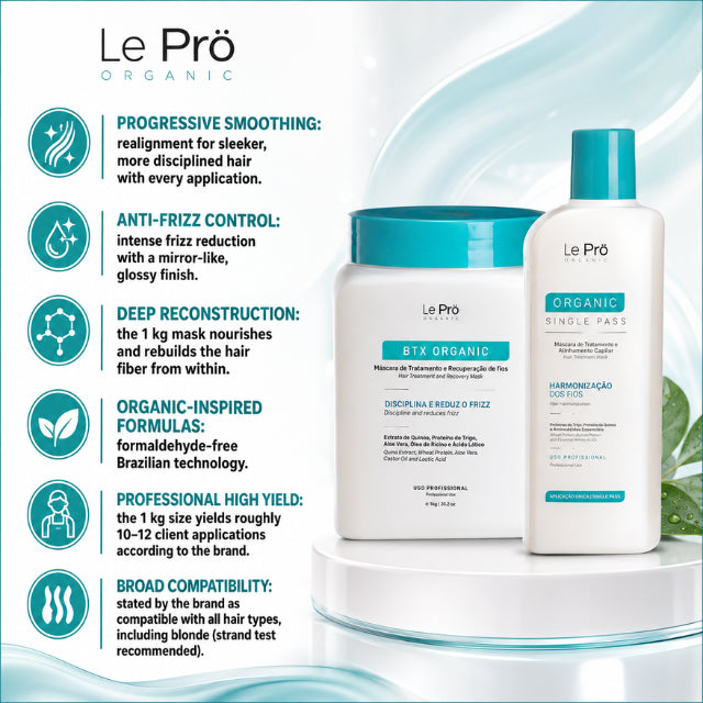 Le Prö Organic Single Pass 300ml + Mascarilla de Reconstrucción Orgánica 1kg – Kit de Cuidado Capilar Brasileño – Set de 2 Piezas