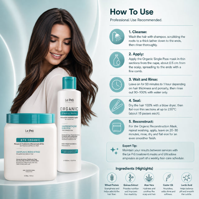 Le Prö Organic Single Pass 110ml + Mascarilla de Reconstrucción Orgánica 1kg – Kit de Cuidado Capilar Brasileño – Set de 2 Piezas