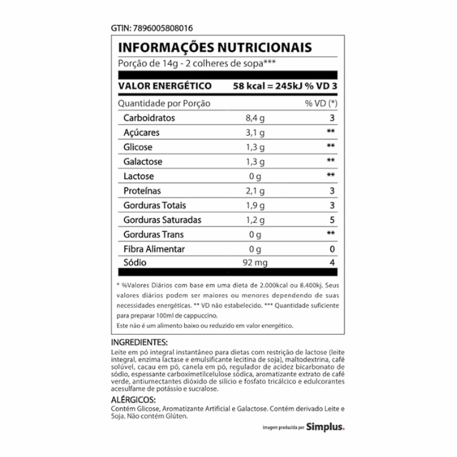 3 Corações Cappuccino Balance Lactose-Free Instant Mix 180g (6.35 oz) - Sugar-Free