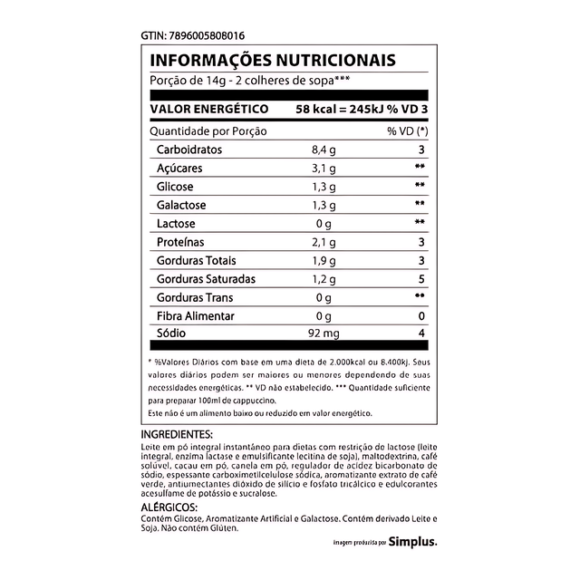 Paquete de 8 3 Corações Cappuccino Balance Mezcla Instantánea Sin Lactosa - 8 x 180g (6.35 oz) - Sin Azúcar