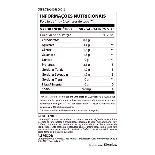 4-Pack 3 Corações Cappuccino Balance Lactose-Free Instant Mix - 4 x 180g (6.35 oz) - Sugar-Free