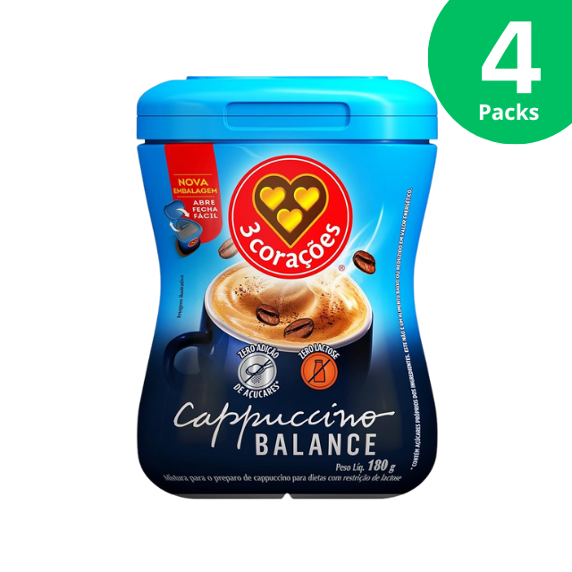 4 opakowania Corações Cappuccino Balance Lactose-Free Instant Mix - 4 x 180 g (6,35 uncji) - bez cukru