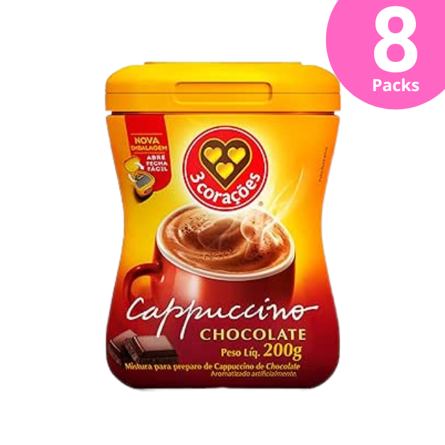 8 Packungen Corações Cappuccino-Schokoladen-Instantmischung – 8 x 200 g (7,05 oz)