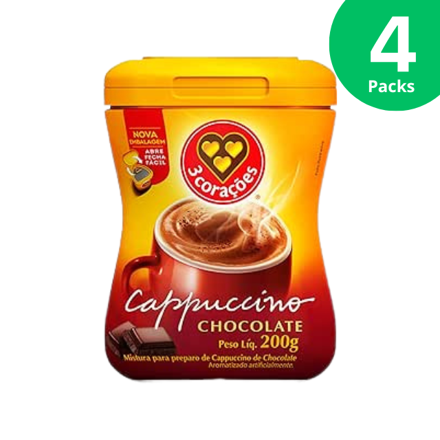 4 Packs 3 Corações Cappuccino Chocolate Instant Mix - 4 x 200g (7.05 oz)