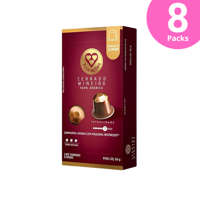 8-Pack3 Corações Cerrado Mineiro Cápsulas de Café Compatível com Nespresso - 8 x 50g (1,76 oz), 10 Cápsulas