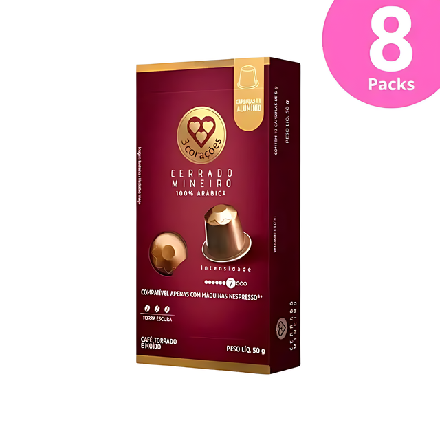 عبوة 8 كبسولات قهوة 3 Corações Cerrado Mineiro متوافقة مع Nespresso - 8 × 50 جم (1.76 أونصة)، 10 كبسولات