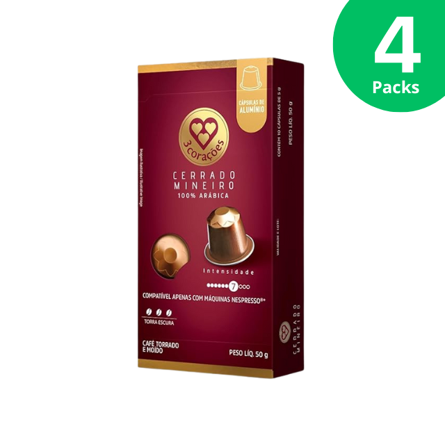 Paquete de 4 cápsulas de café 3 Corações Cerrado Mineiro compatibles con Nespresso - 4 x 50 g (1,76 oz), 10 cápsulas