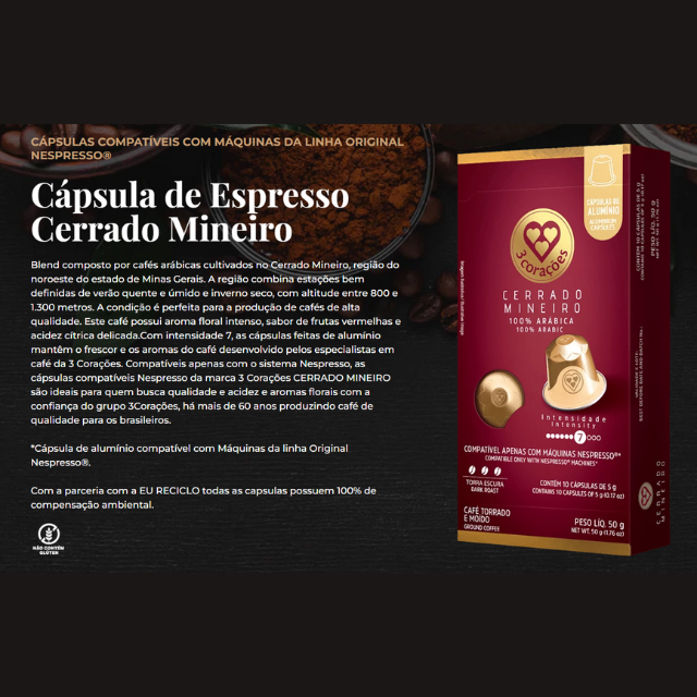 3 Corações Cerrado Mineiro Coffee Pods Nespresso Compatible - 50g (1.76 oz), 10 Capsules