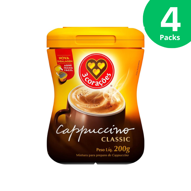 4 balení Corações Classic Instant Cappuccino Mix – 4 x 200 g (7,05 oz)