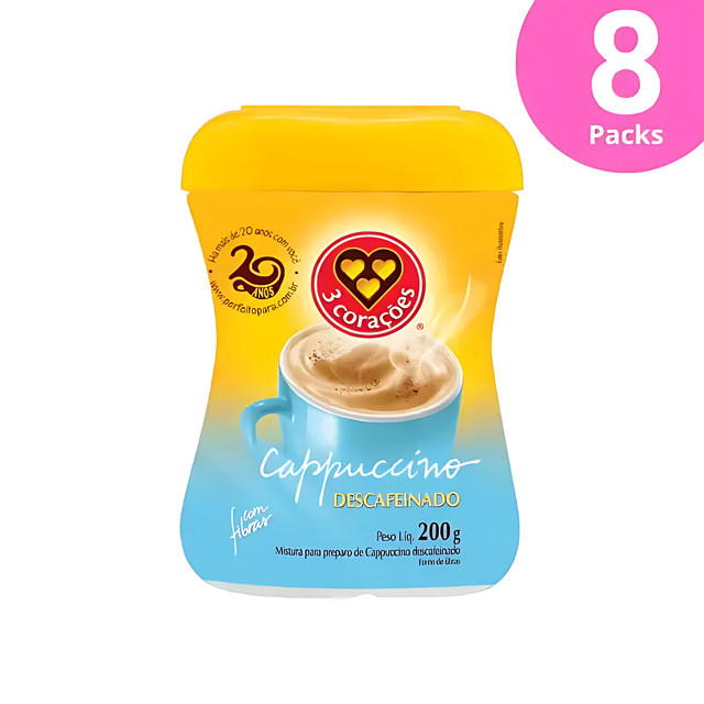 8-Pack 3 Corações Decaf Instant Cappuccino Mix - 8 x 200g (7.05 oz) - Decaffeinated