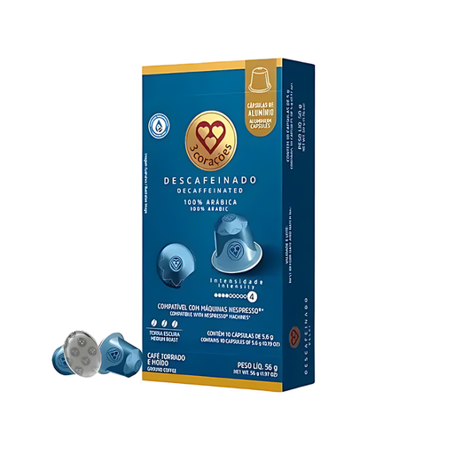 3 Corações Decaffeinated Espresso Coffee Pods - Compatible with Nespresso Original Line Machines - 56g (1.97 oz) - 10 Pods - 100% Arabica Coffee