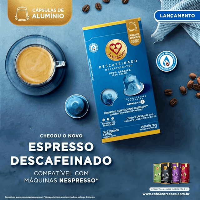 4 Packs 3 Corações Decaffeinated Espresso Coffee Pods - Compatible with Nespresso Original Line Machines - 4 x 56g (1.97 oz) - 10 Pods - 100% Arabica Coffee