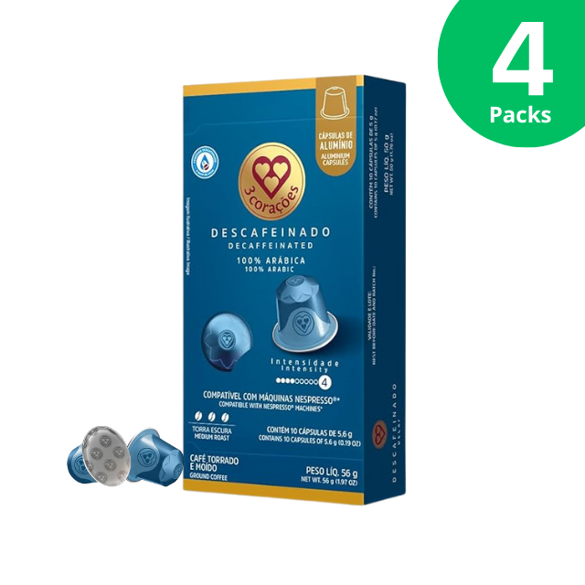 4 Pacotes Corações Cápsulas de Café Espresso Descafeinado - Compatível com Máquinas Nespresso Linha Original - 4 x 56g (1,97 oz) - 10 Cápsulas - Café 100% Arábica