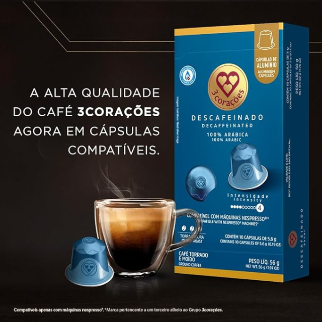 3 Corações Decaffeinated Espresso Coffee Pods - Compatible with Nespresso Original Line Machines - 56g (1.97 oz) - 10 Pods - 100% Arabica Coffee