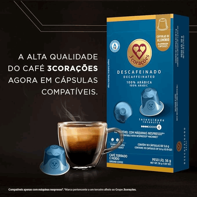 4 Packs 3 Corações Decaffeinated Espresso Coffee Pods - Compatible with Nespresso Original Line Machines - 4 x 56g (1.97 oz) - 10 Pods - 100% Arabica Coffee