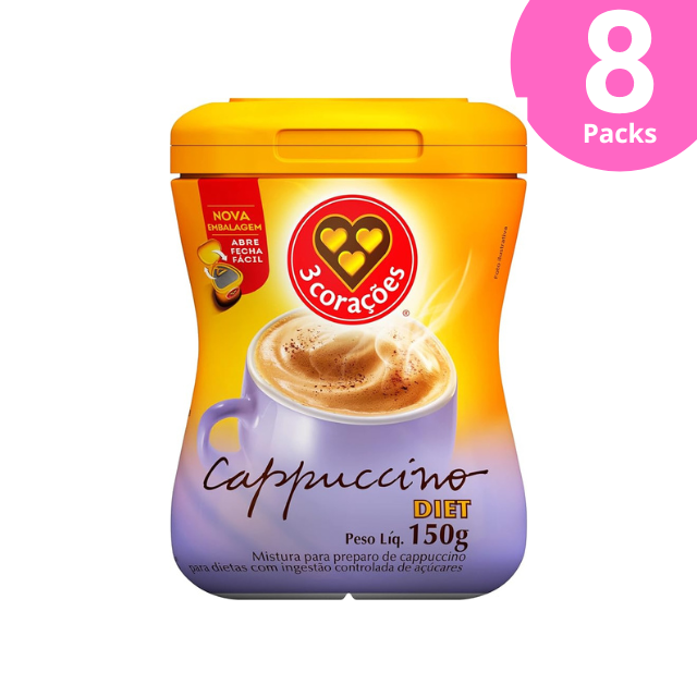 8 Packs 3 Corações Diet Instant Cappuccino Mix - 8 x 150g (5.29 oz)