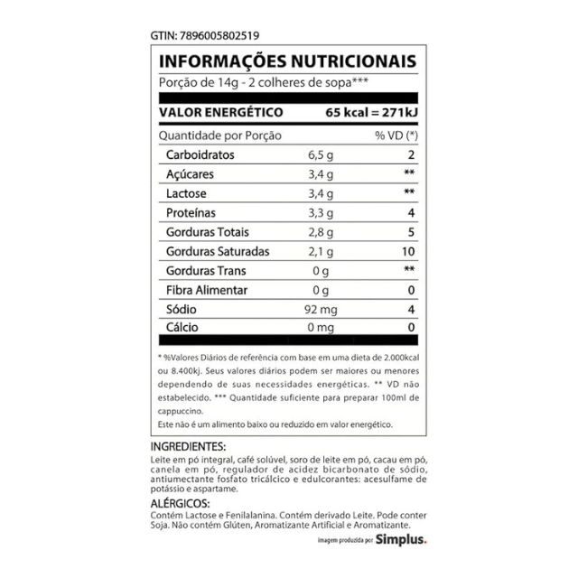 Mezcla de capuchino instantáneo Diet Corações 150 g (5,29 oz)