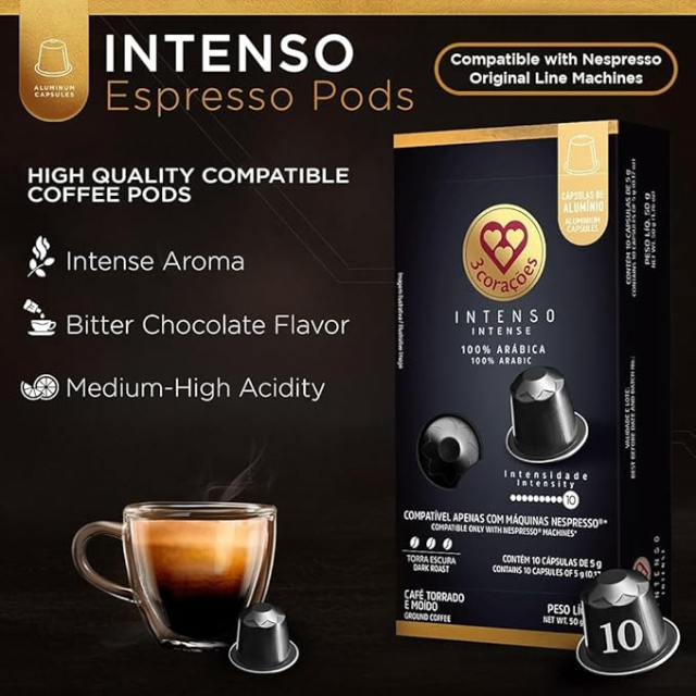 3 Corações Intenso Espresso Coffee Pods - Nespresso Compatible - 50g (1.76 oz), 10 Capsules